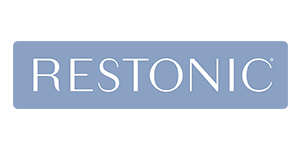 Logo of Restonic, a mattress brand featured at Falls Furniture.